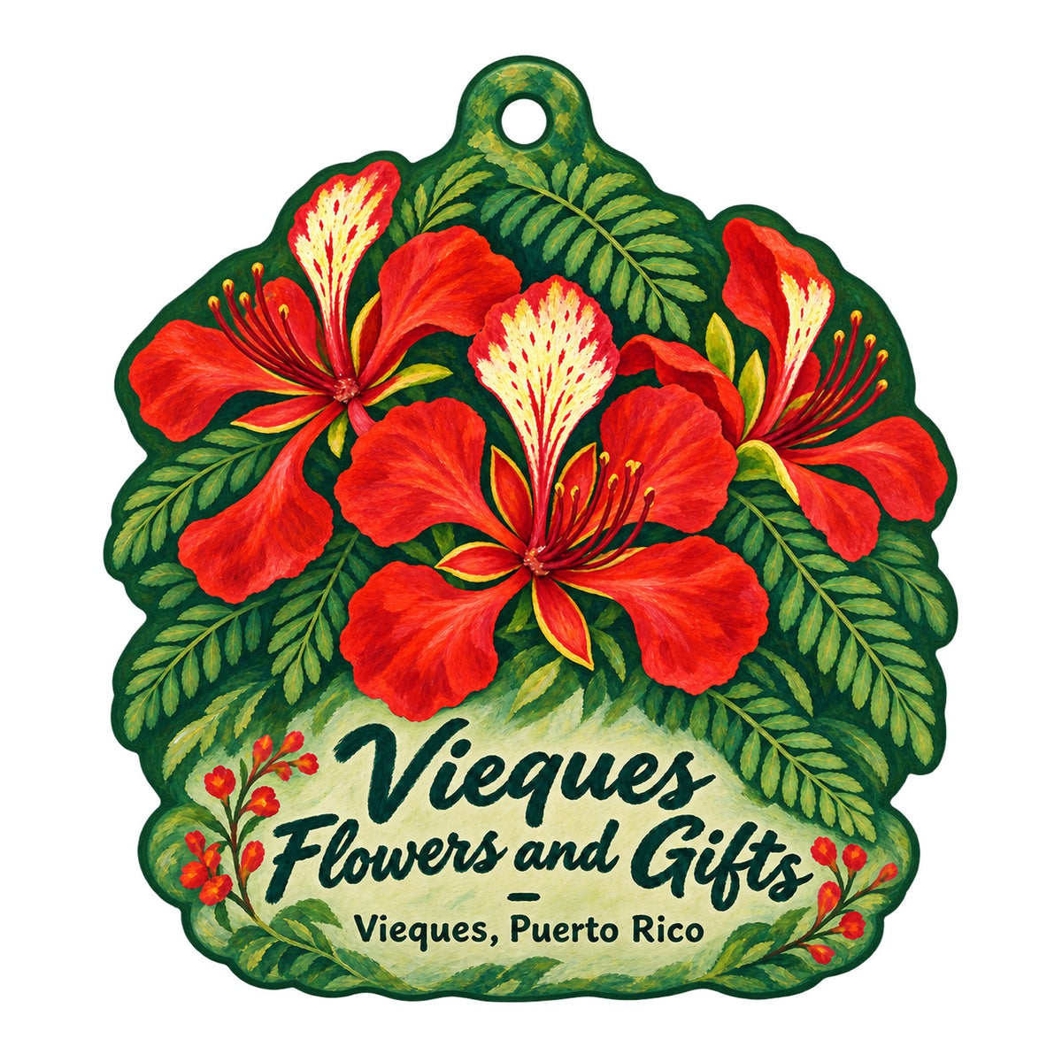 Vieques Flowers and Gifts Logo custom wood ornament OC365 on white