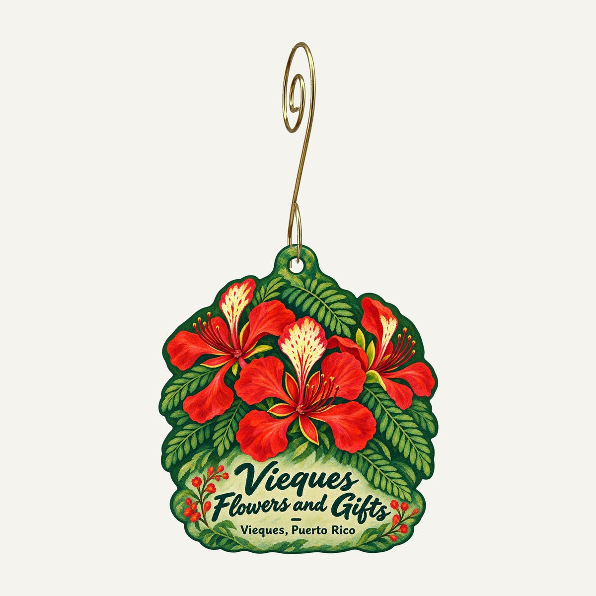 Vieques Flowers and Gifts Logo custom wood ornament OC365 hanging on hook