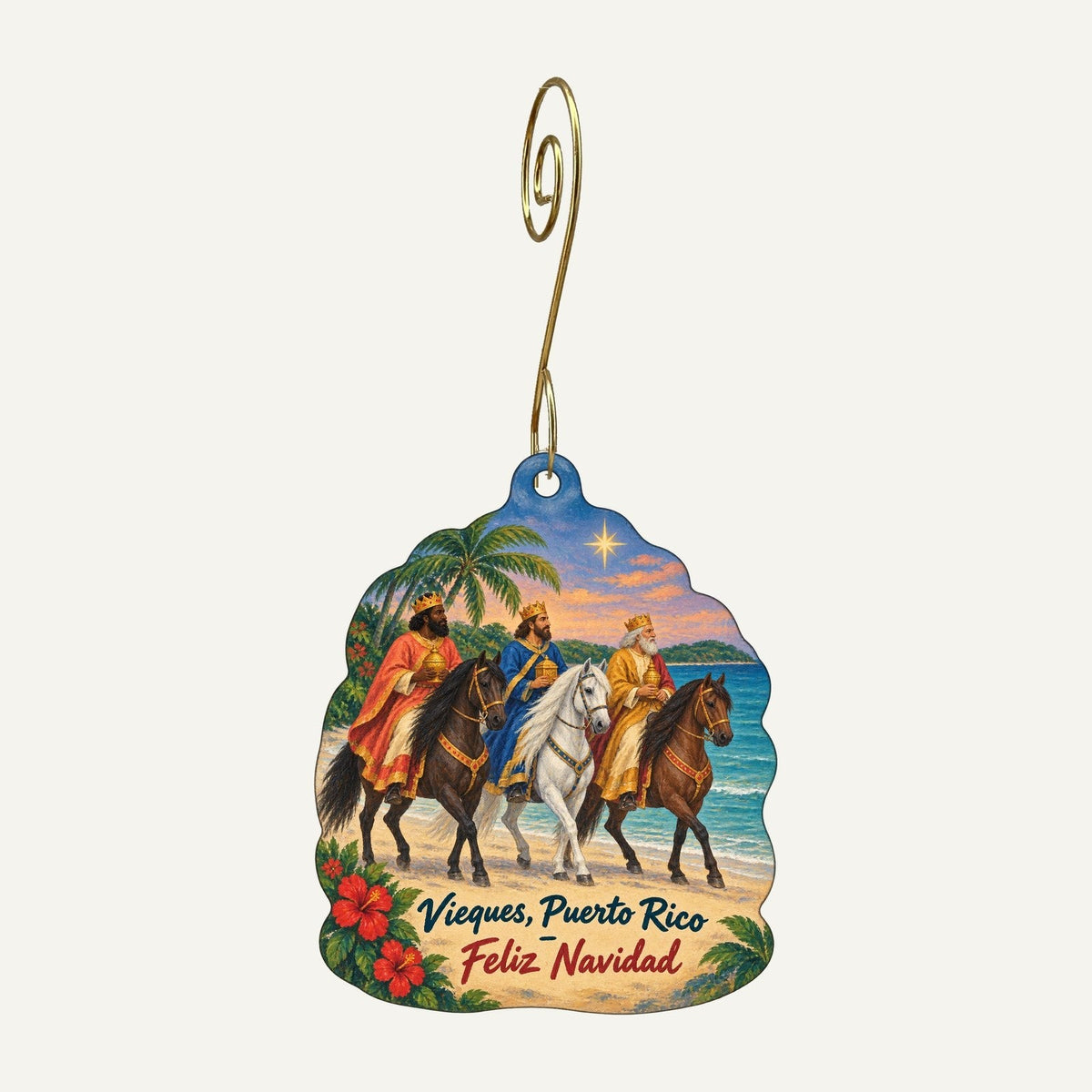 Vieques Flowers and Gifts Christmas custom wood ornament OC366 hanging on hook