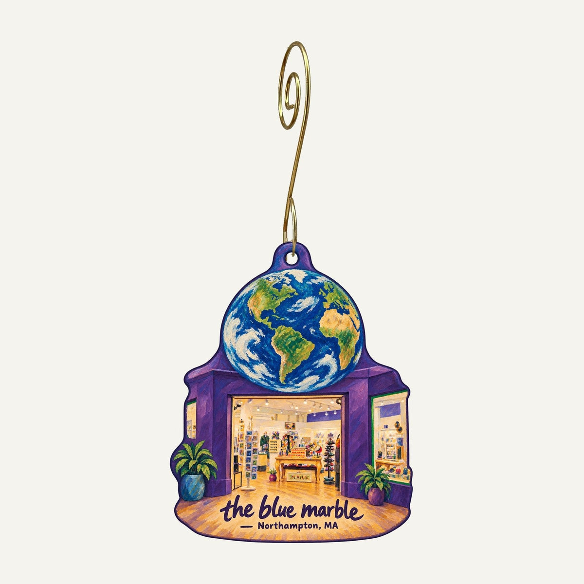 the blue marble Logo custom wood ornament OC383 hanging on hook