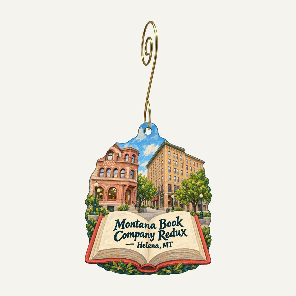 Montana Book Company Redux Logo custom wood ornament OC389 hanging on hook