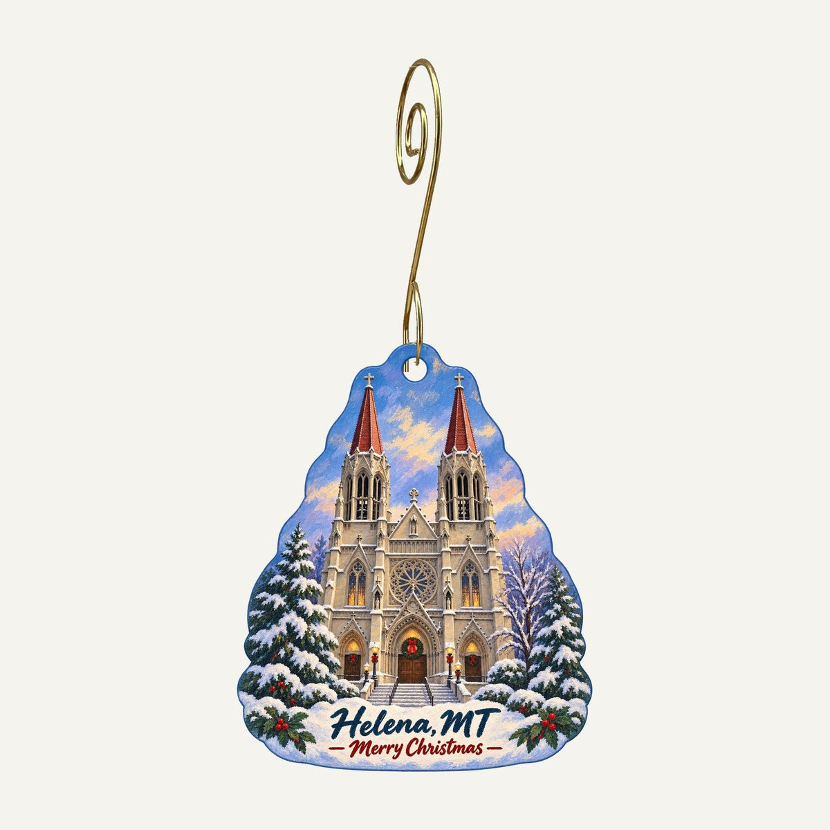 Montana Book Company Redux Christmas custom wood ornament OC390 hanging on hook