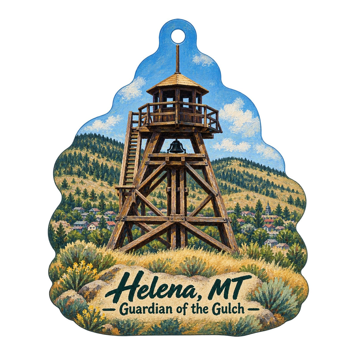 Montana Book Company Redux Town Icon custom wood ornament OC391 on white