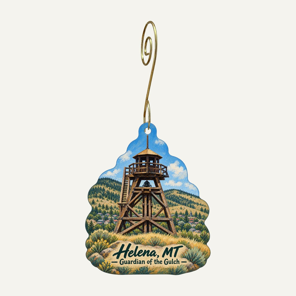 Montana Book Company Redux Town Icon custom wood ornament OC391 hanging on hook