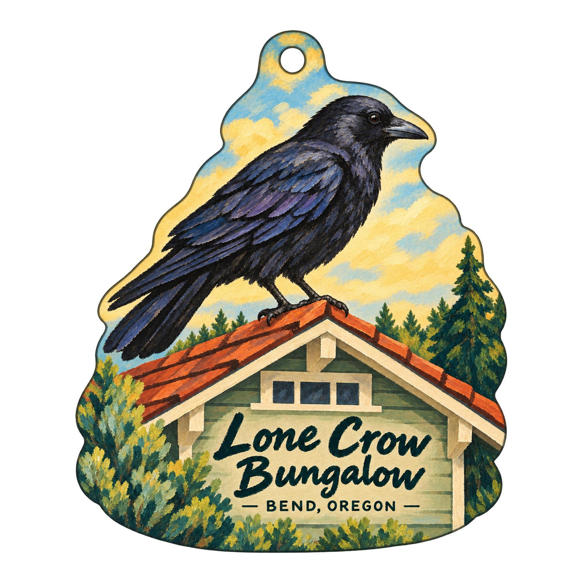 Lone Crow Bungalow Logo custom wood ornament OC395 on white