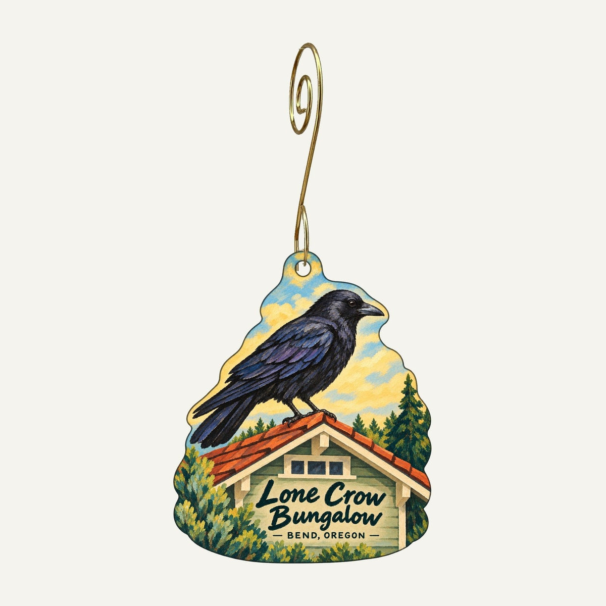 Lone Crow Bungalow Logo custom wood ornament OC395 hanging on hook