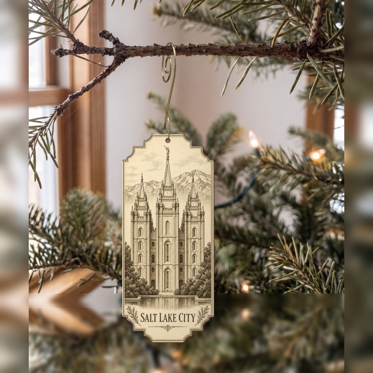 UT Salt Lake City Etching-Inspired Linework Custom Wood Ornament (OC39)