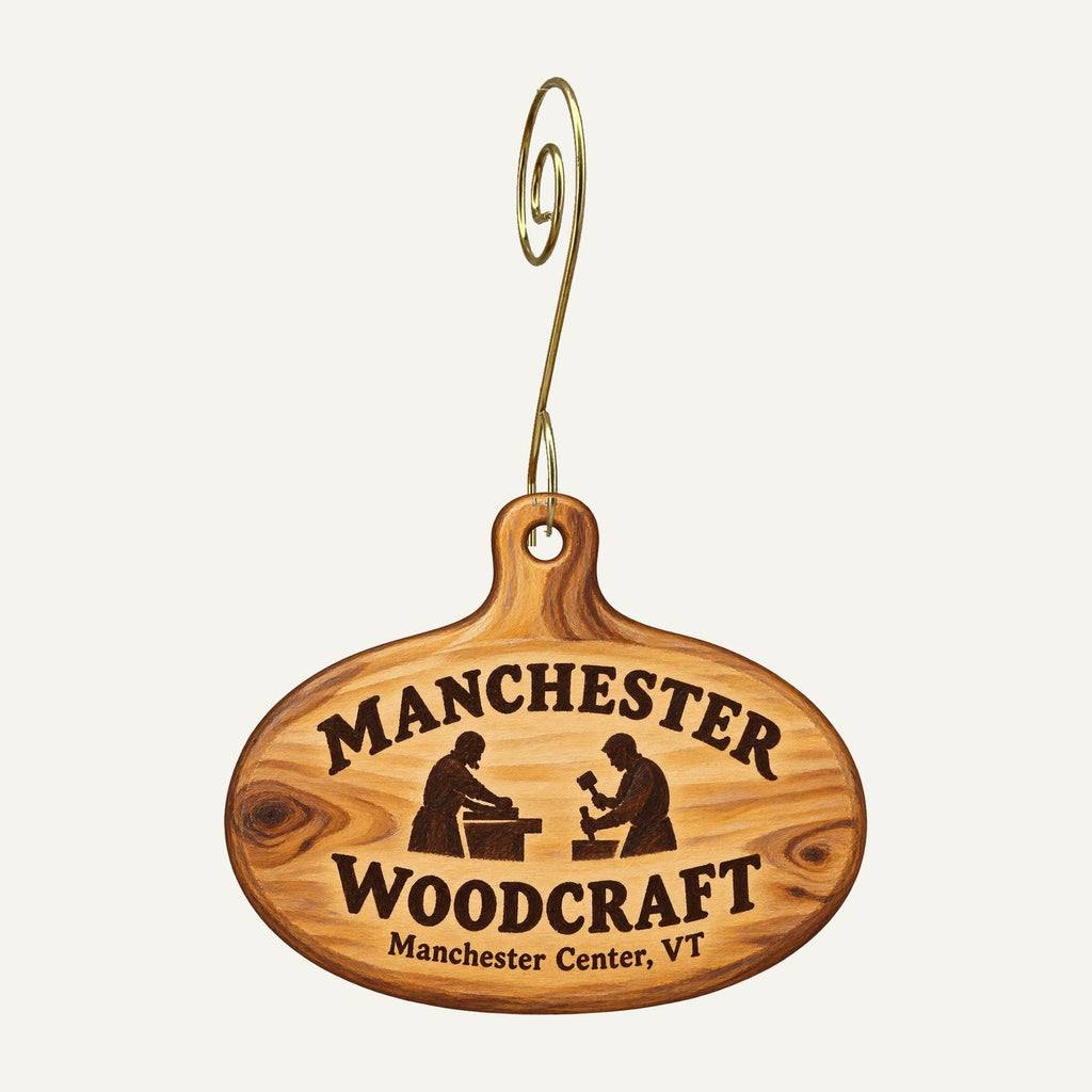 Manchester Woodcraft Logo custom wood ornament OC407 hanging on hook