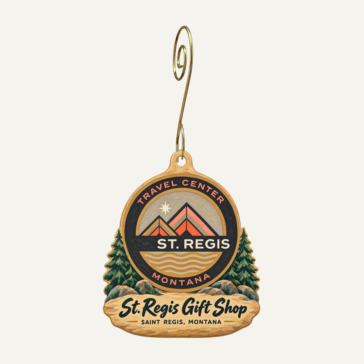 St. Regis Gift Shop Logo custom wood ornament OC416 hanging on hook