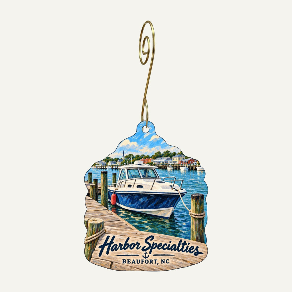 Harbor Specialties of Beaufort Logo custom wood ornament OC437 hanging on hook
