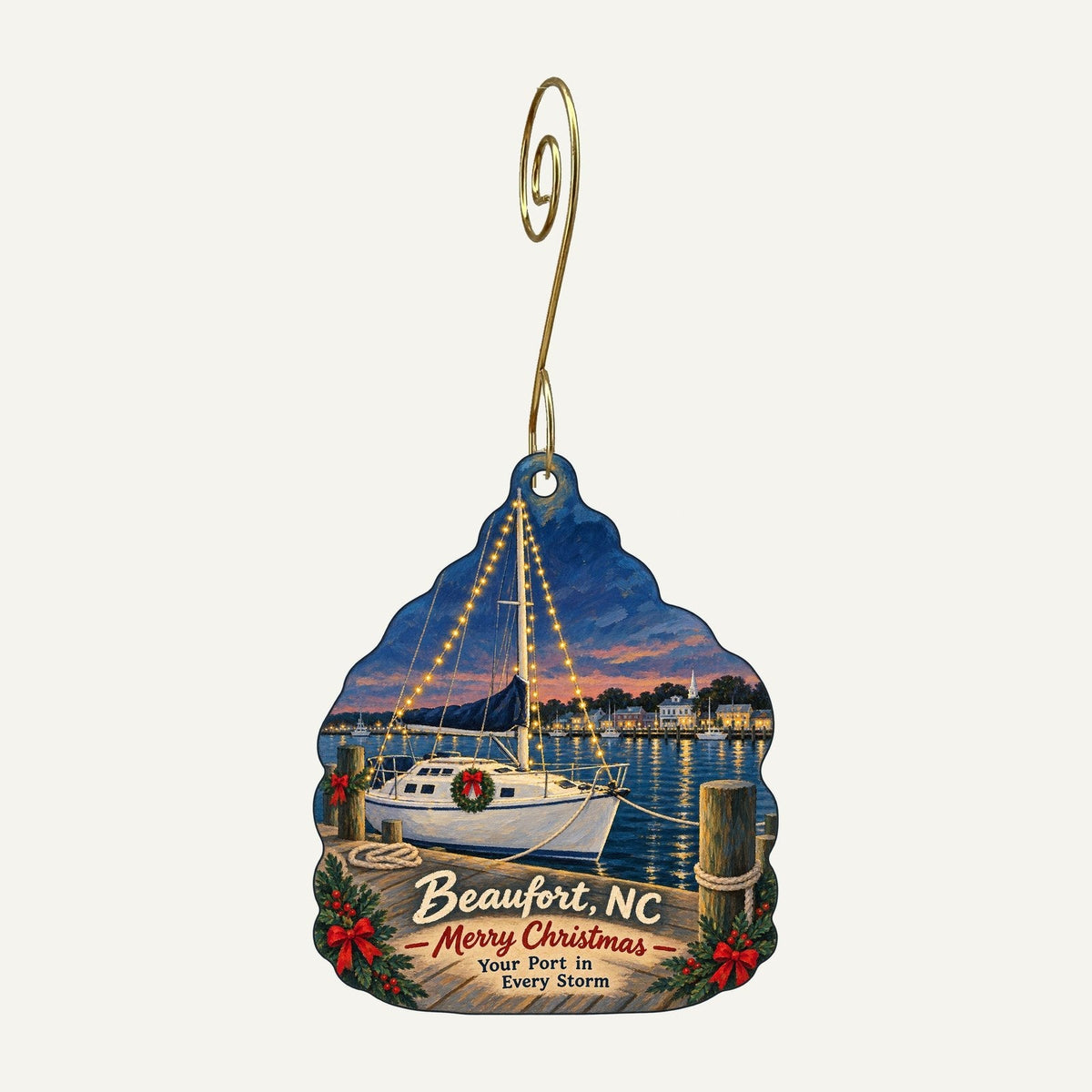 Harbor Specialties of Beaufort Christmas custom wood ornament OC438 hanging on hook