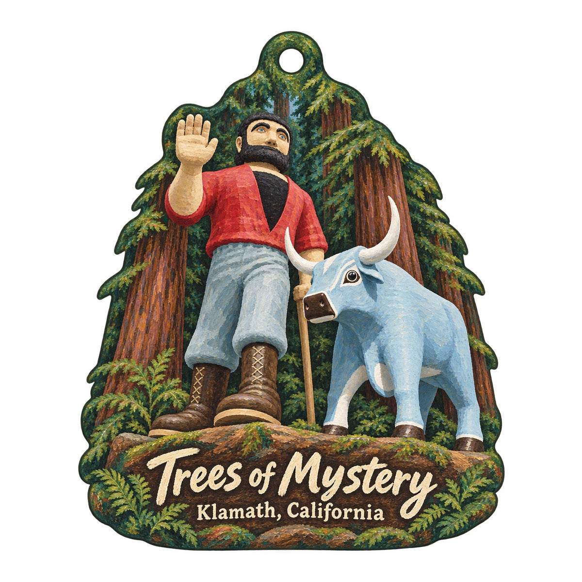 Trees of Mystery Logo custom wood ornament OC443 on white