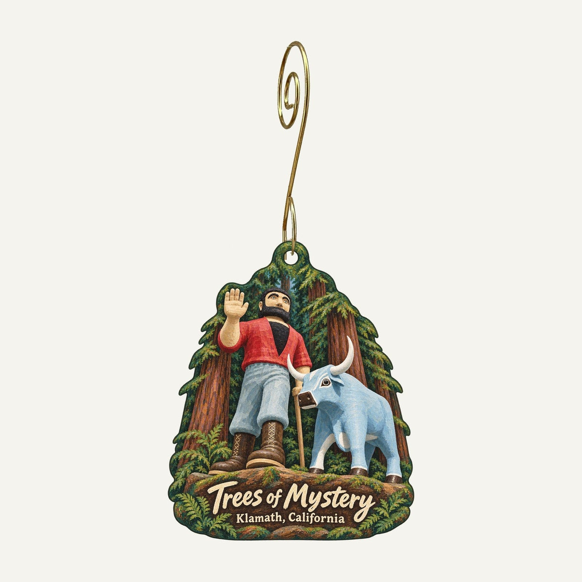 Trees of Mystery Logo custom wood ornament OC443 hanging on hook