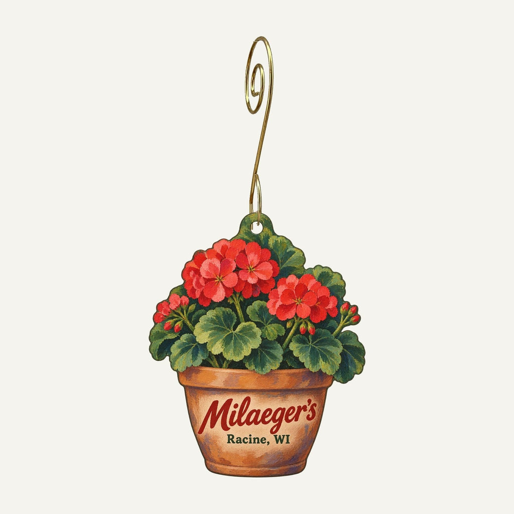 Milaeger's Logo custom wood ornament OC458 hanging on hook