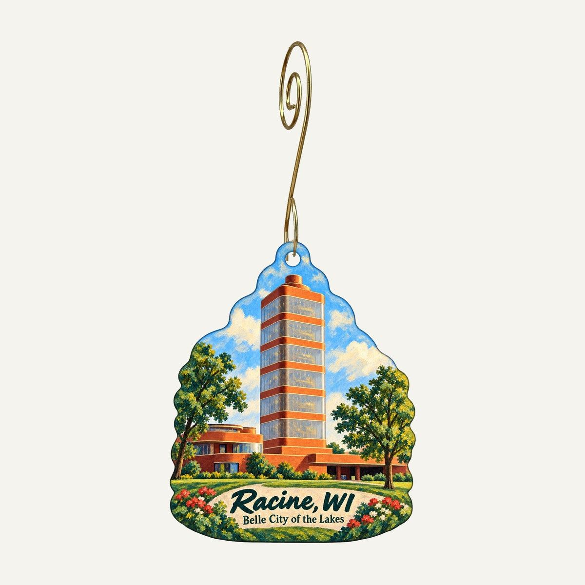 Milaeger's Town Icon custom wood ornament OC460 hanging on hook