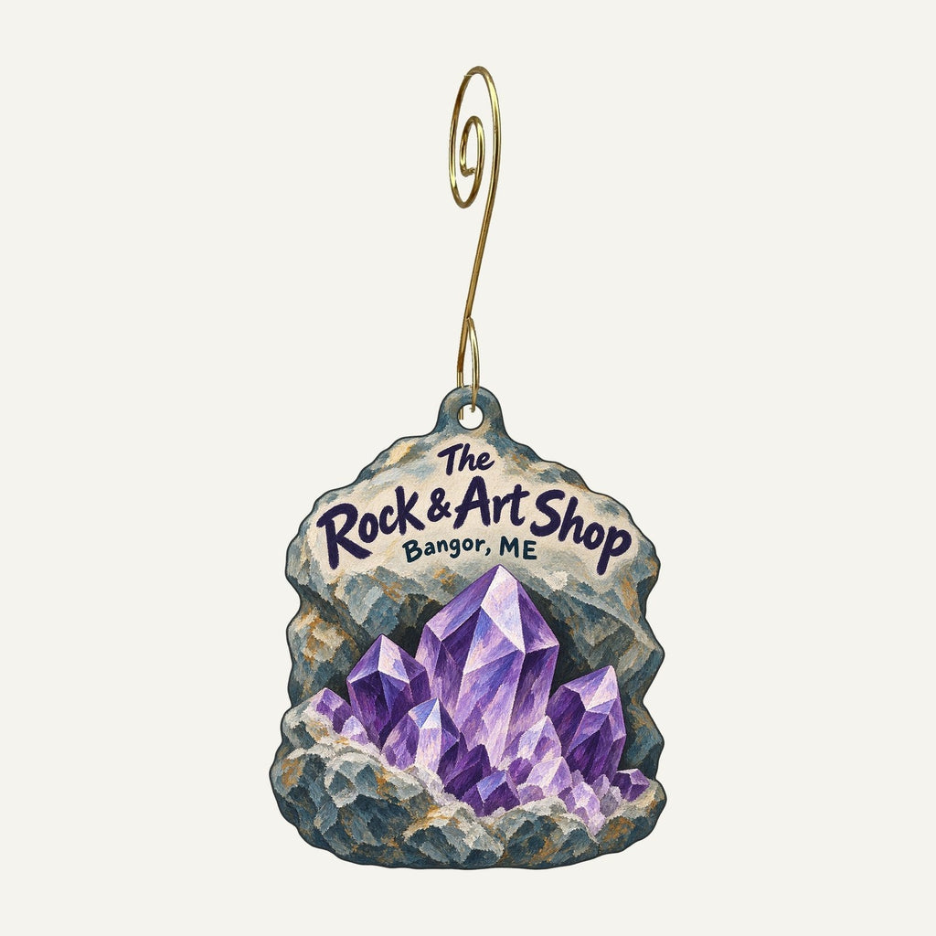 The Rock & Art Shop Logo custom wood ornament OC470 hanging on hook