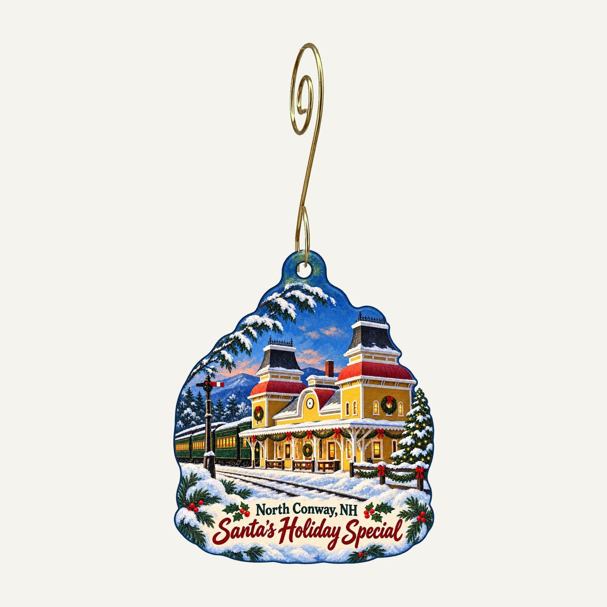 New England Charms Christmas custom wood ornament OC477 hanging on hook