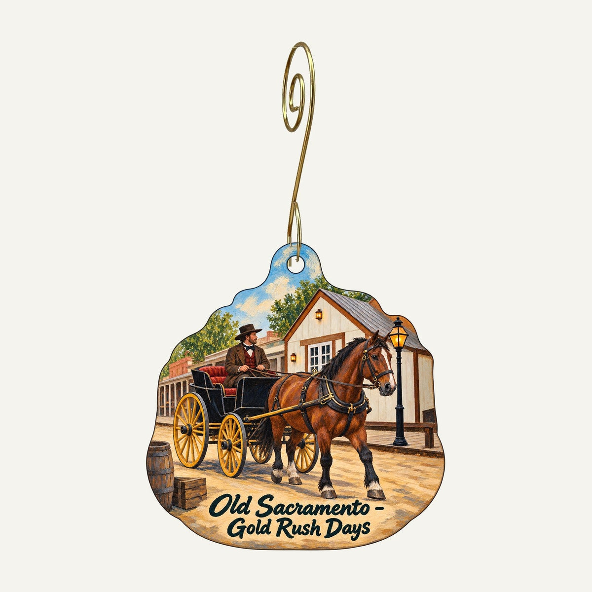 Evangeline's Town Icon custom wood ornament OC484 hanging on hook