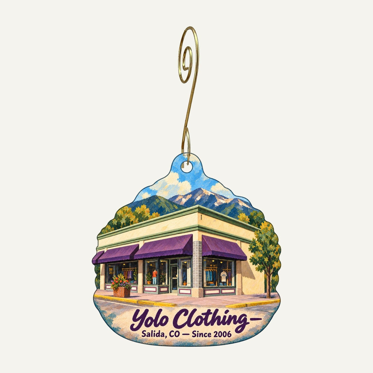 Yolo Clothing Logo custom wood ornament OC500 hanging on hook