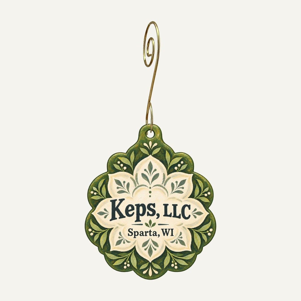 Keps, LLC Logo custom wood ornament OC512 hanging on hook