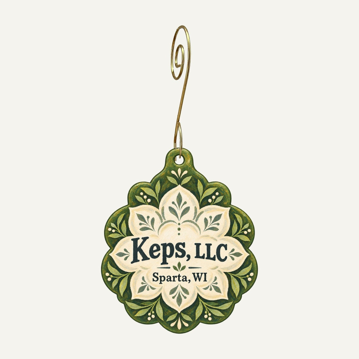 Keps, LLC Logo custom wood ornament OC512 hanging on hook