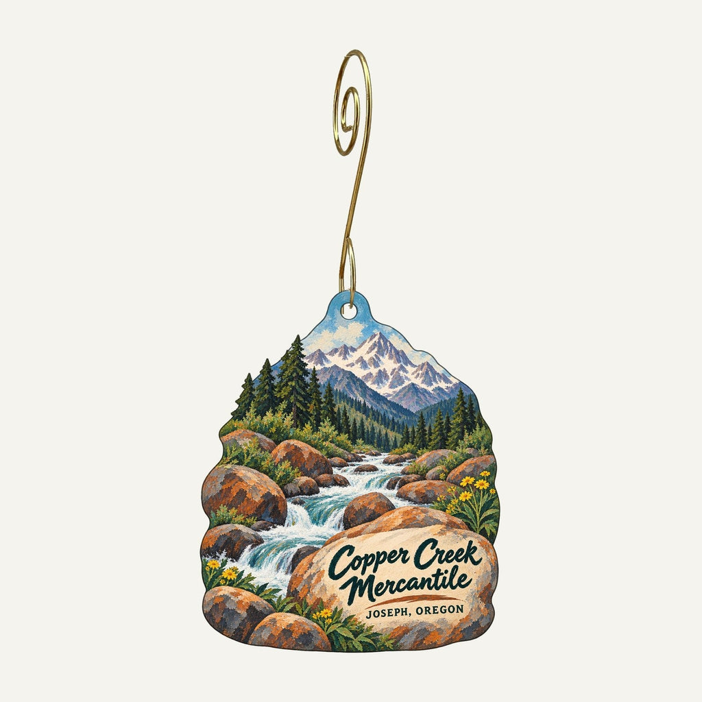 Copper Creek Mercantile Logo custom wood ornament OC515 hanging on hook