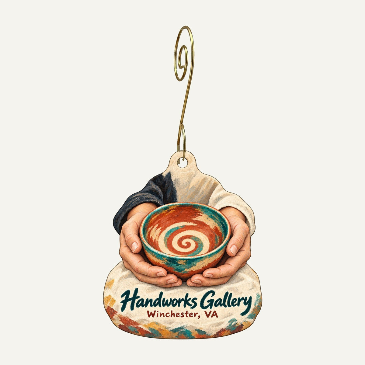 Handworks Gallery Logo custom wood ornament OC521 hanging on hook