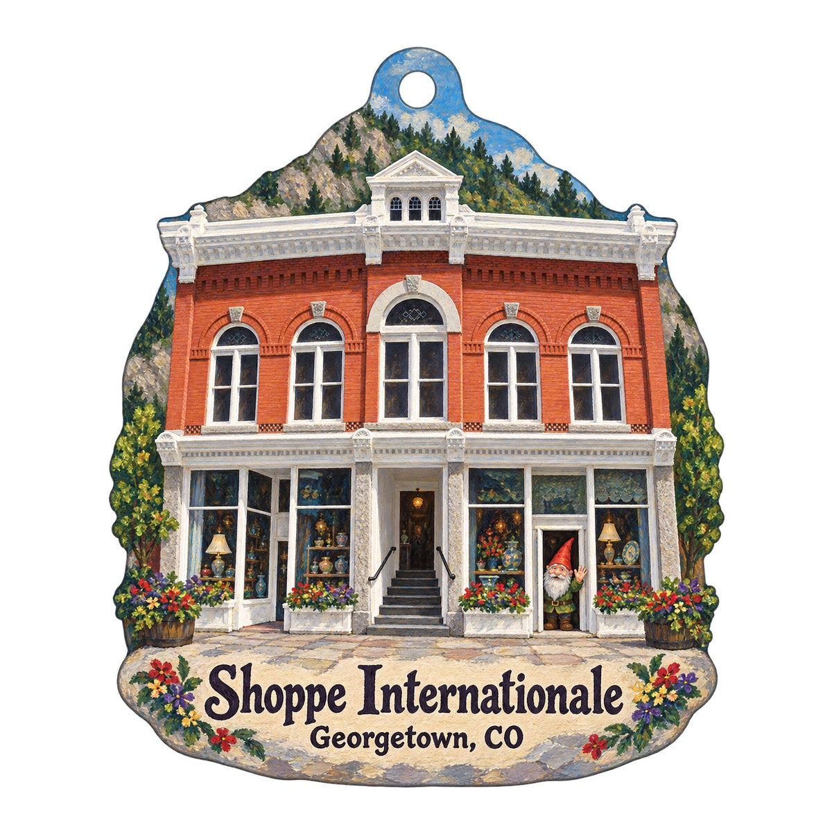 Shoppe Internationale Logo custom wood ornament OC524 on white