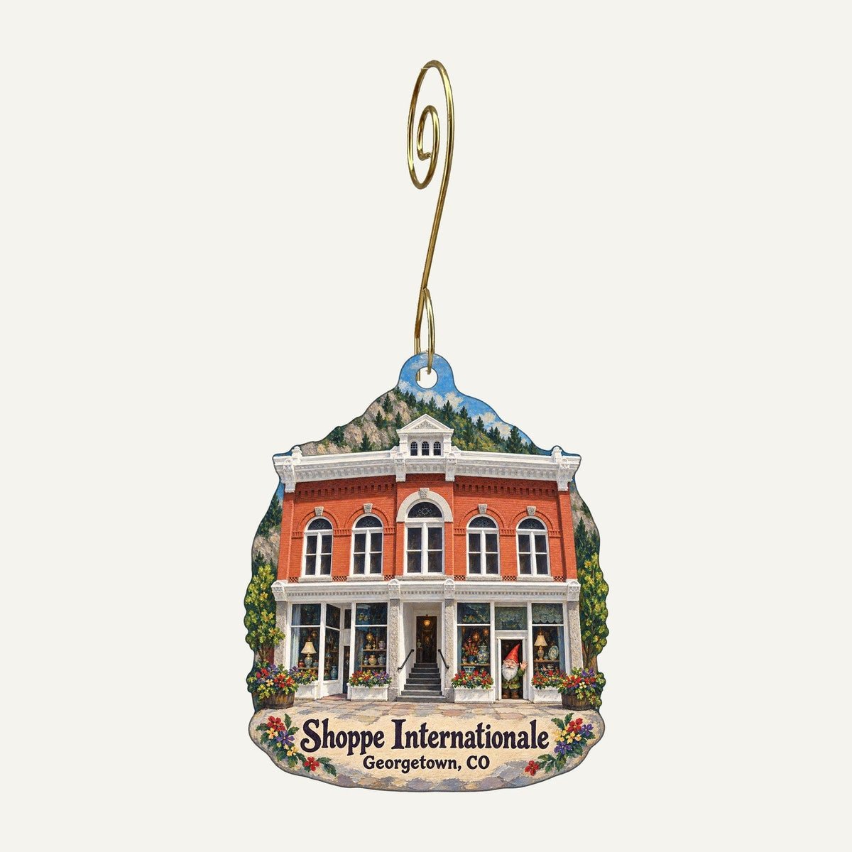Shoppe Internationale Logo custom wood ornament OC524 hanging on hook
