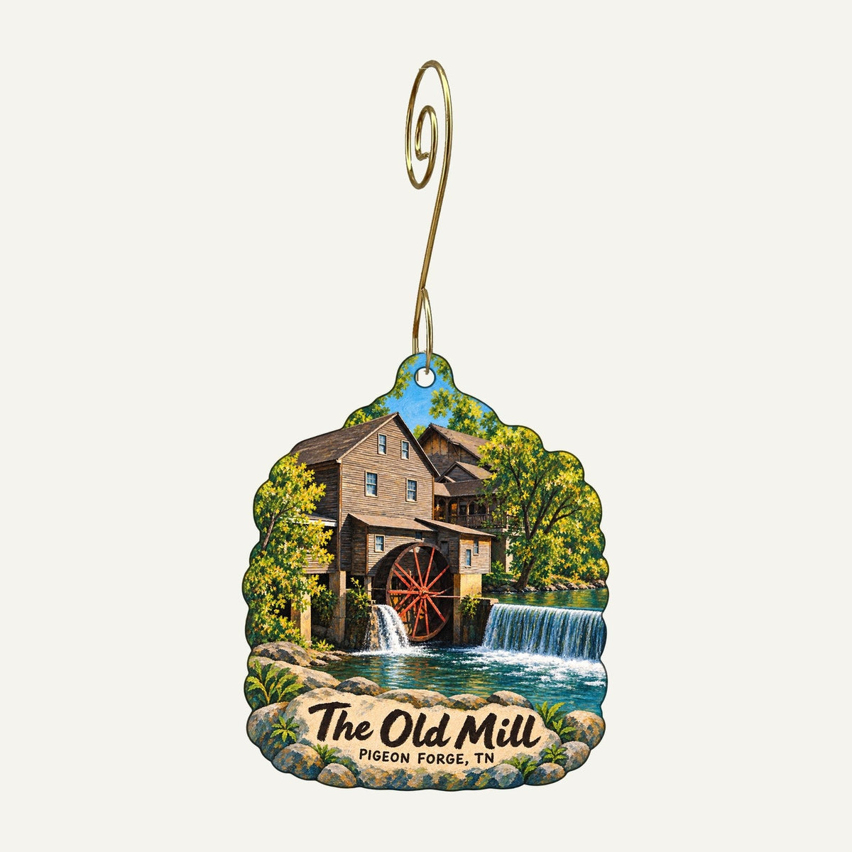 The Old Mill / Pigeon River Pottery Logo custom wood ornament OC530 hanging on hook