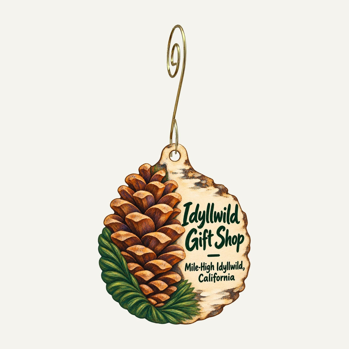Idyllwild Gift Shop Logo custom wood ornament OC545 hanging on hook