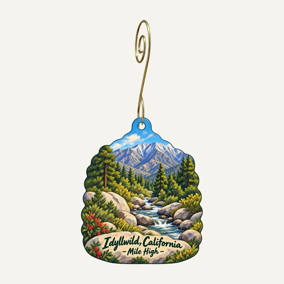 Idyllwild Gift Shop Town Icon custom wood ornament OC547 hanging on hook