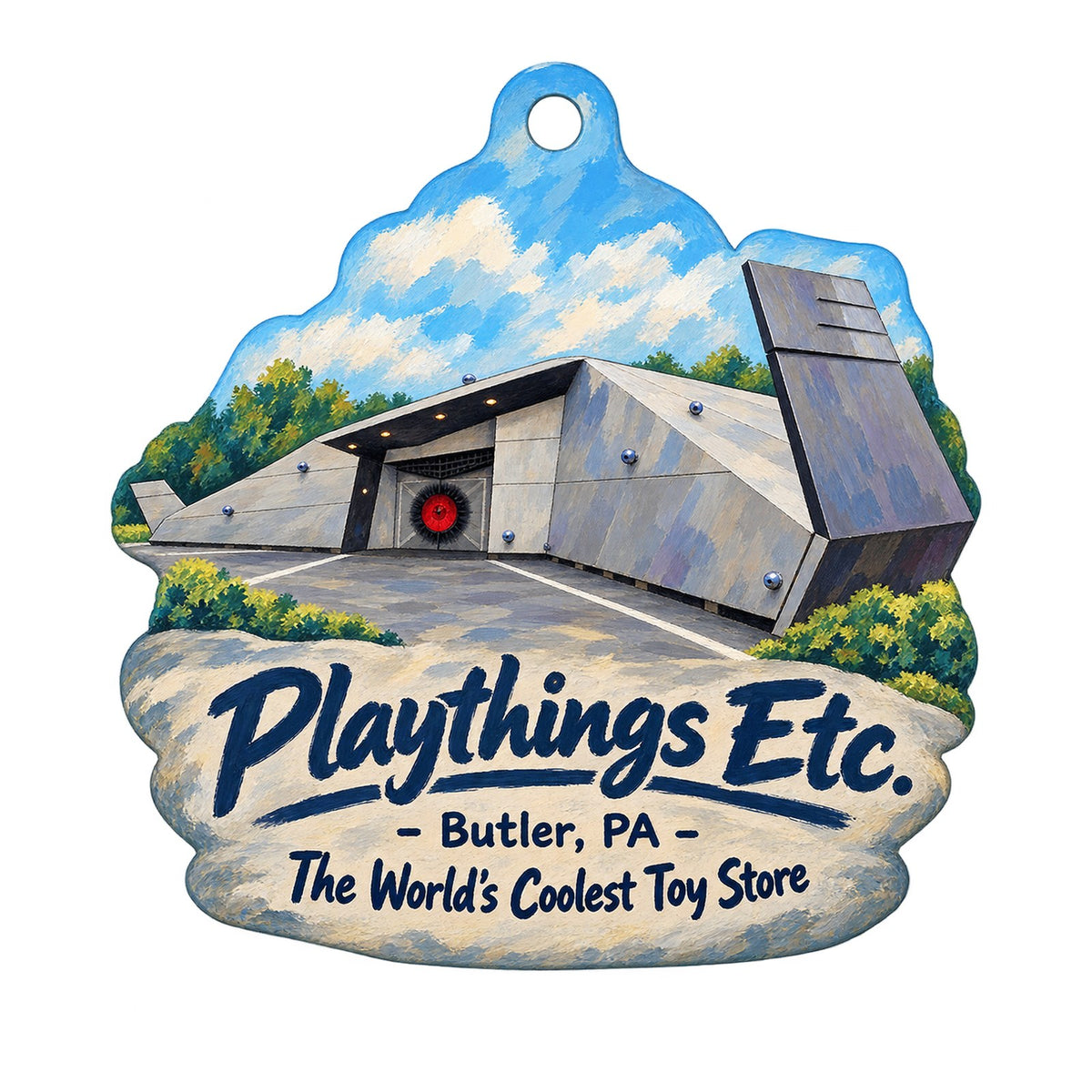 Playthings Etc. Logo custom wood ornament OC551 on white