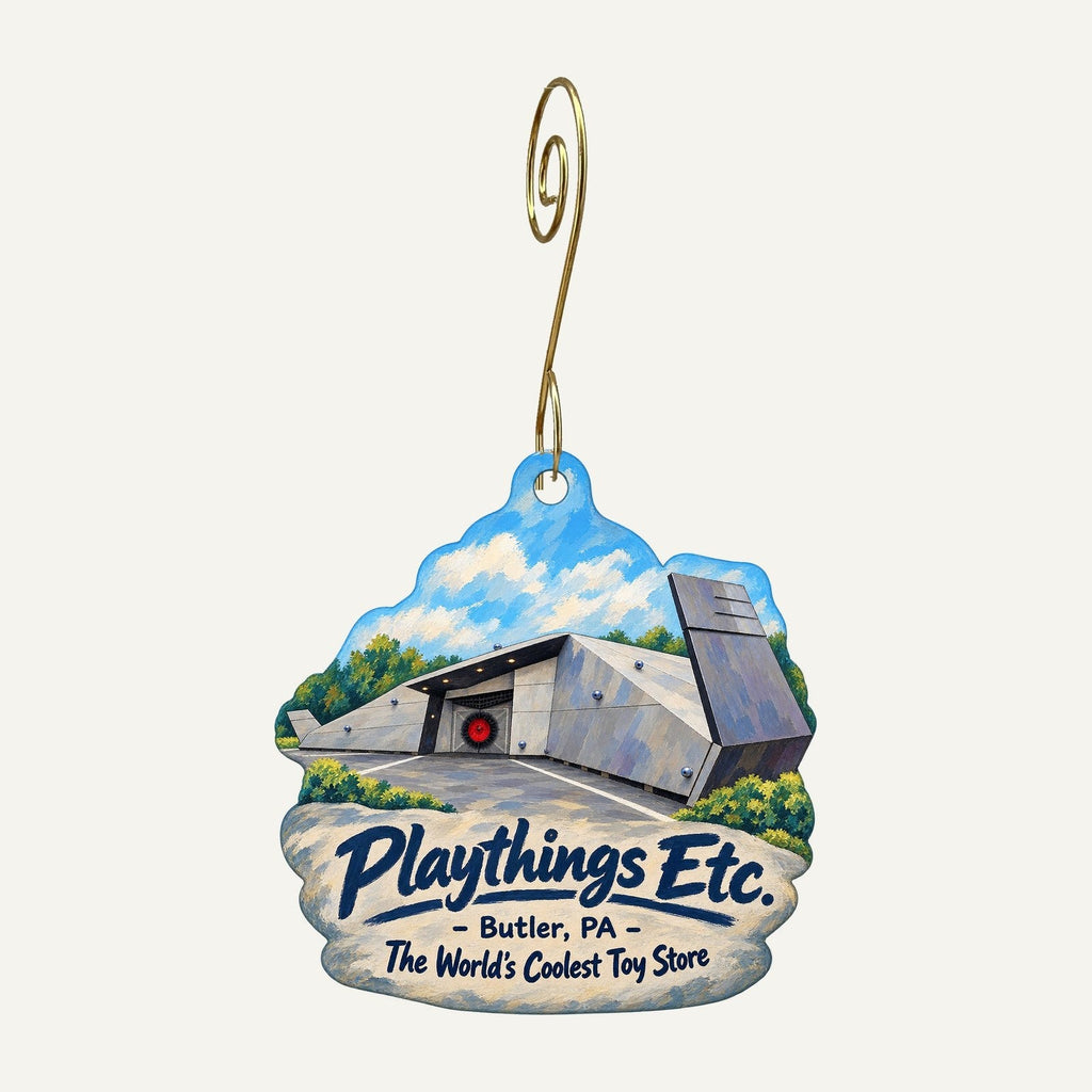 Playthings Etc. Logo custom wood ornament OC551 hanging on hook