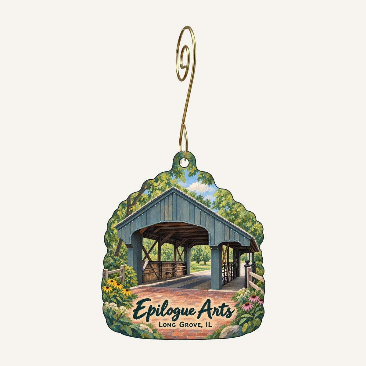 Epilogue Arts Logo custom wood ornament OC569 hanging on hook