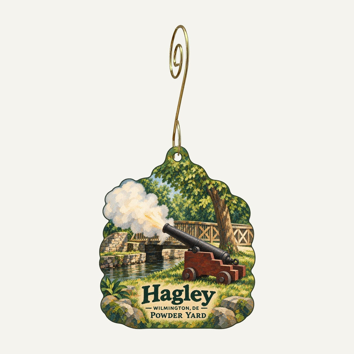 Hagley Museum Store Town Icon custom wood ornament OC577 hanging on hook