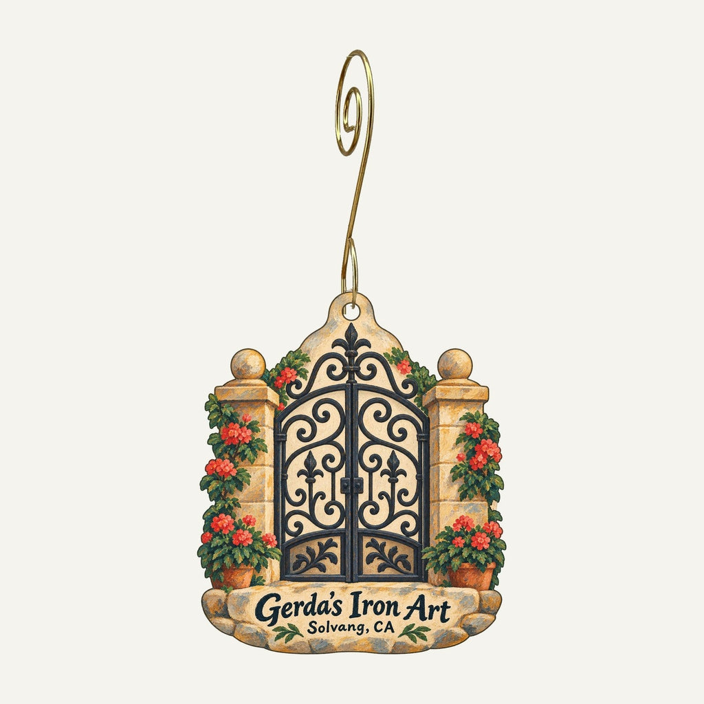 Gerda's Iron Art Gift Shop Logo custom wood ornament OC581 hanging on hook