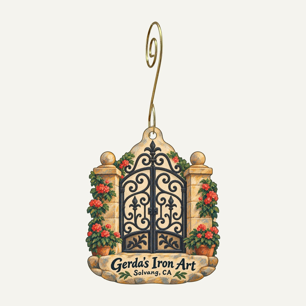 Gerda's Iron Art Gift Shop Logo custom wood ornament OC581 hanging on hook