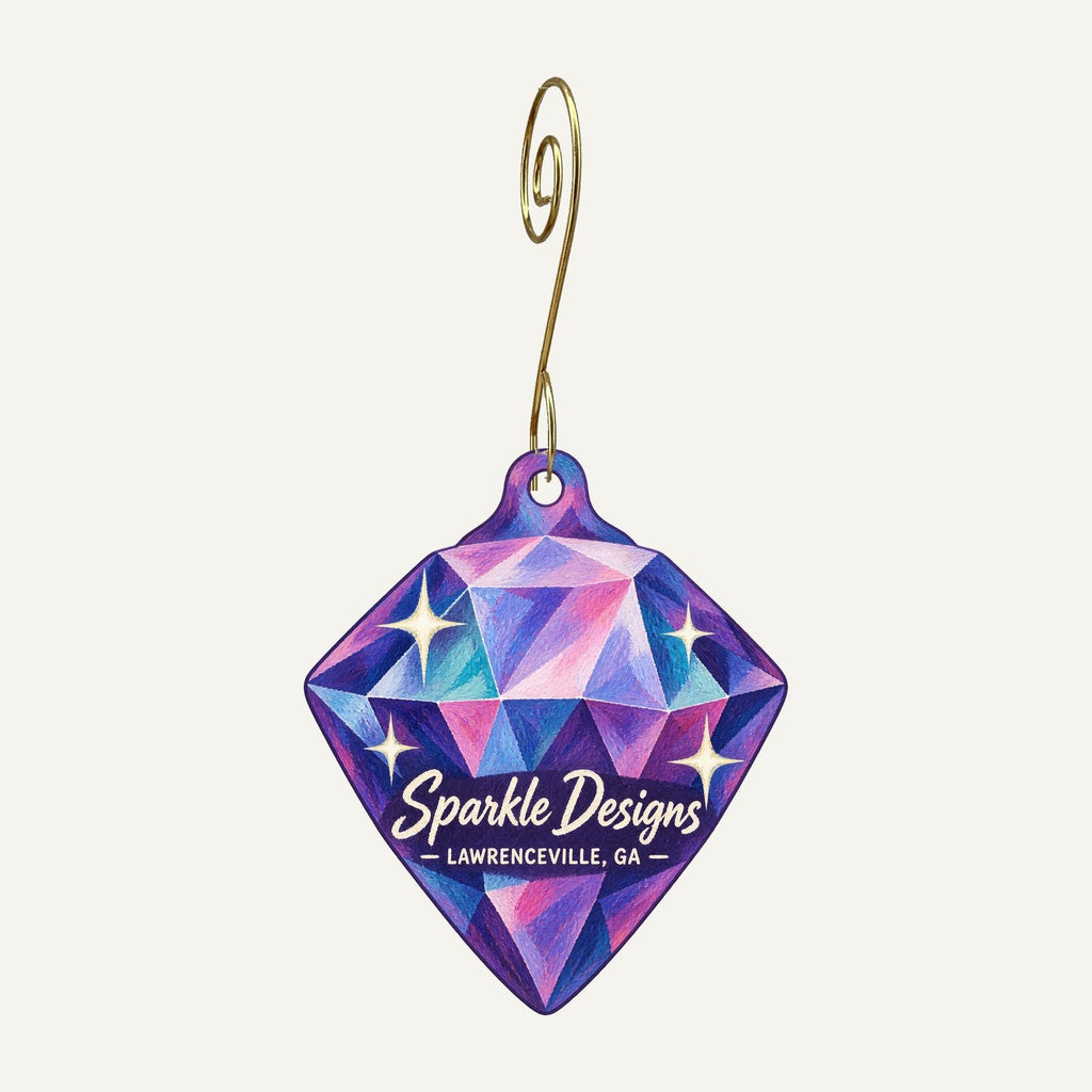 Sparkle Designs Logo custom wood ornament OC587 hanging on hook