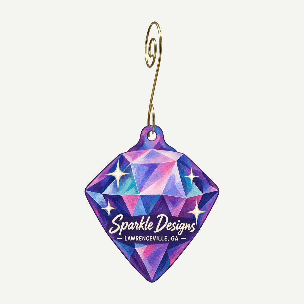 Sparkle Designs Logo custom wood ornament OC587 hanging on hook