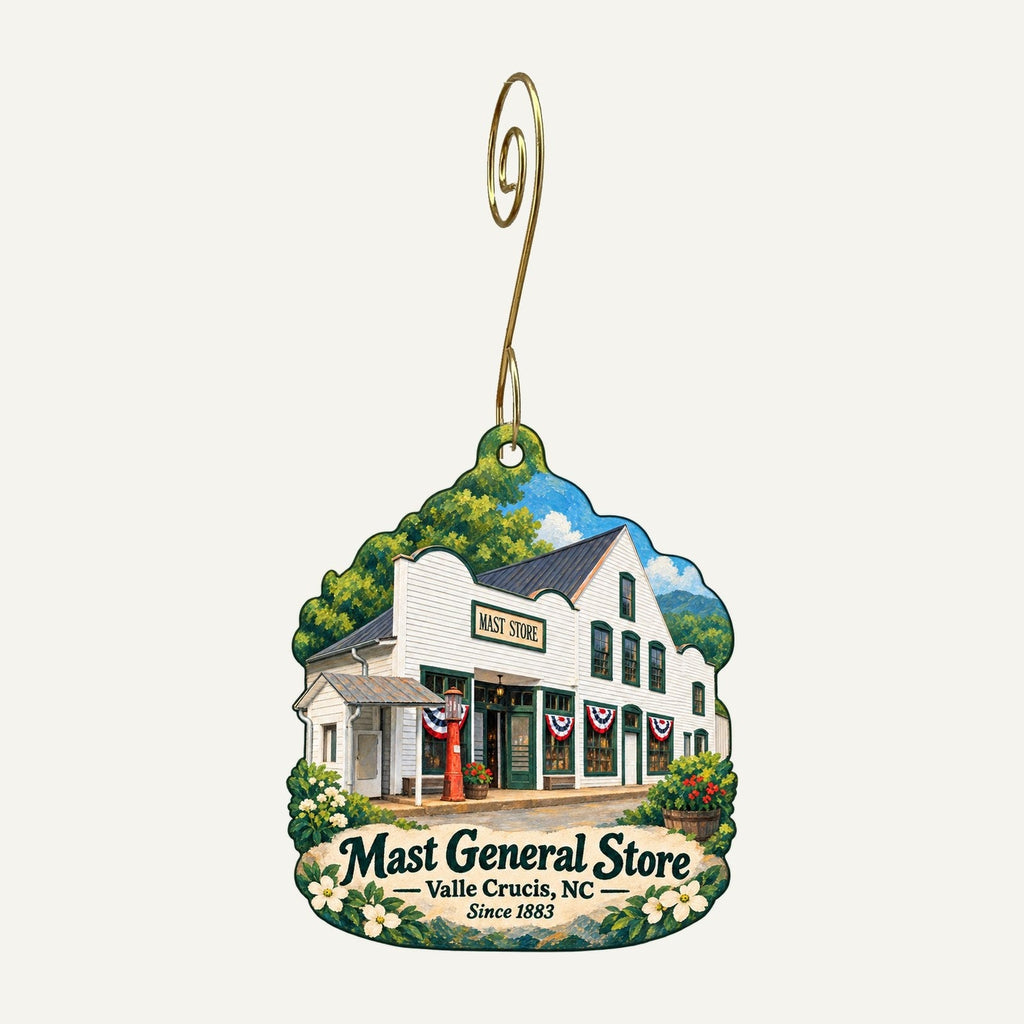 Mast General Store Logo custom wood ornament OC593 hanging on hook