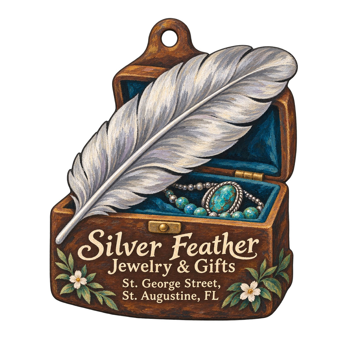 Silver Feather Jewelry and Gifts Logo custom wood ornament OC596 on white