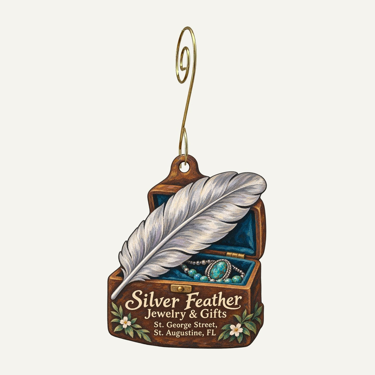 Silver Feather Jewelry and Gifts Logo custom wood ornament OC596 hanging on hook