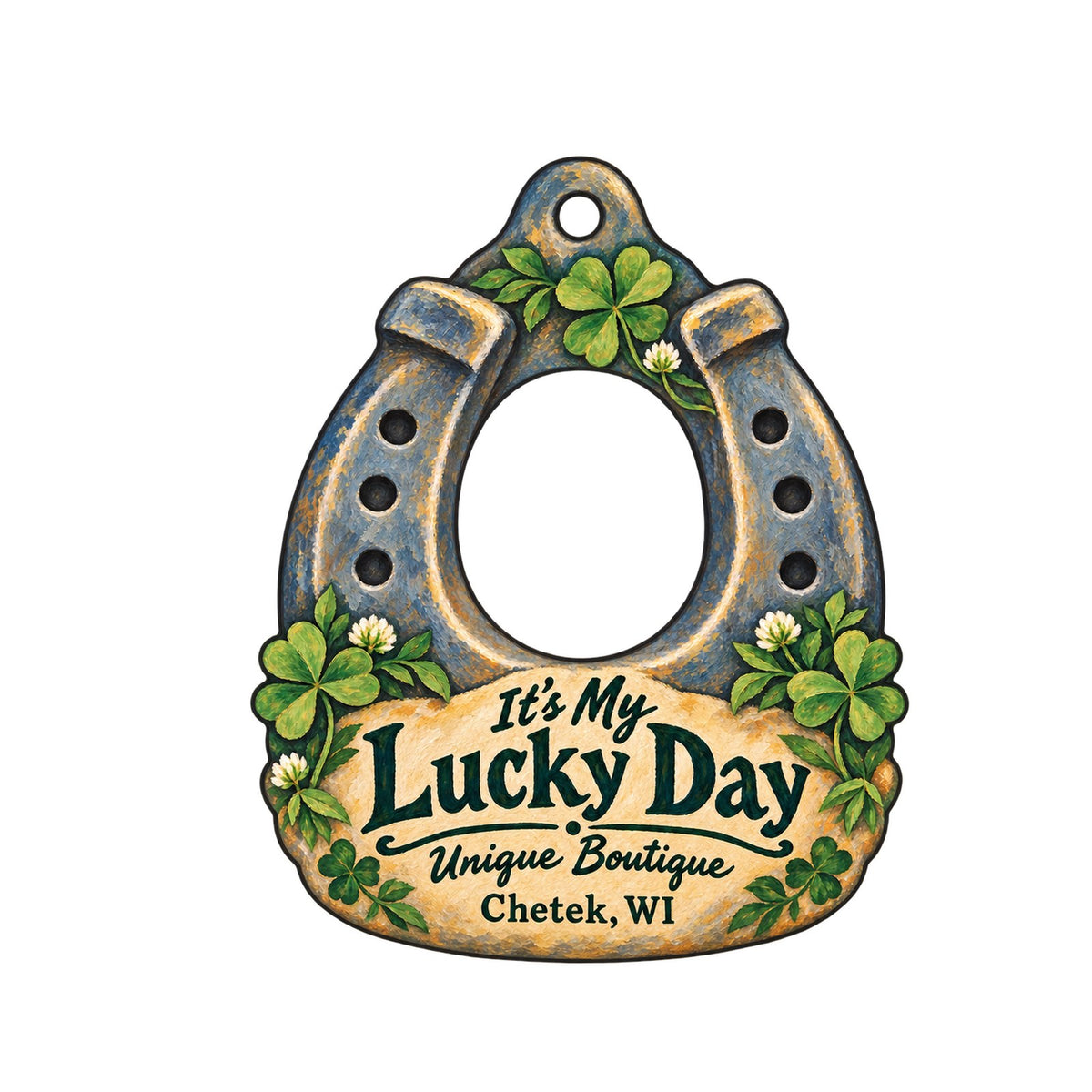 It's My Lucky Day Unique Boutique Logo custom wood ornament OC599 on white