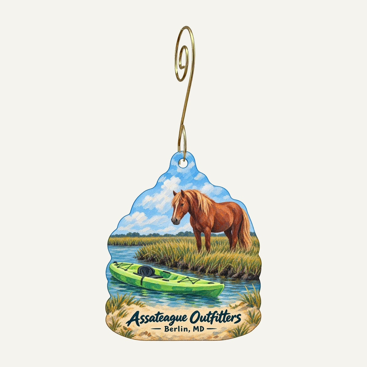 Assateague Outfitters Logo custom wood ornament OC602 hanging on hook