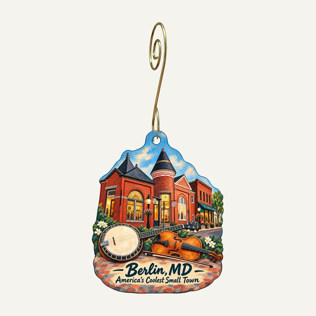 Assateague Outfitters Town Icon custom wood ornament OC604 hanging on hook
