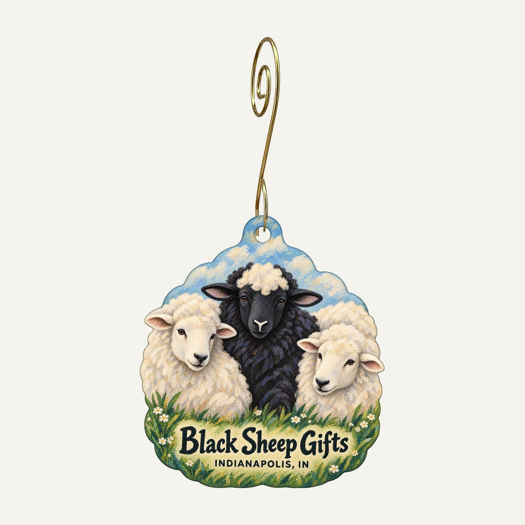 Black Sheep Gifts Logo custom wood ornament OC605 hanging on hook