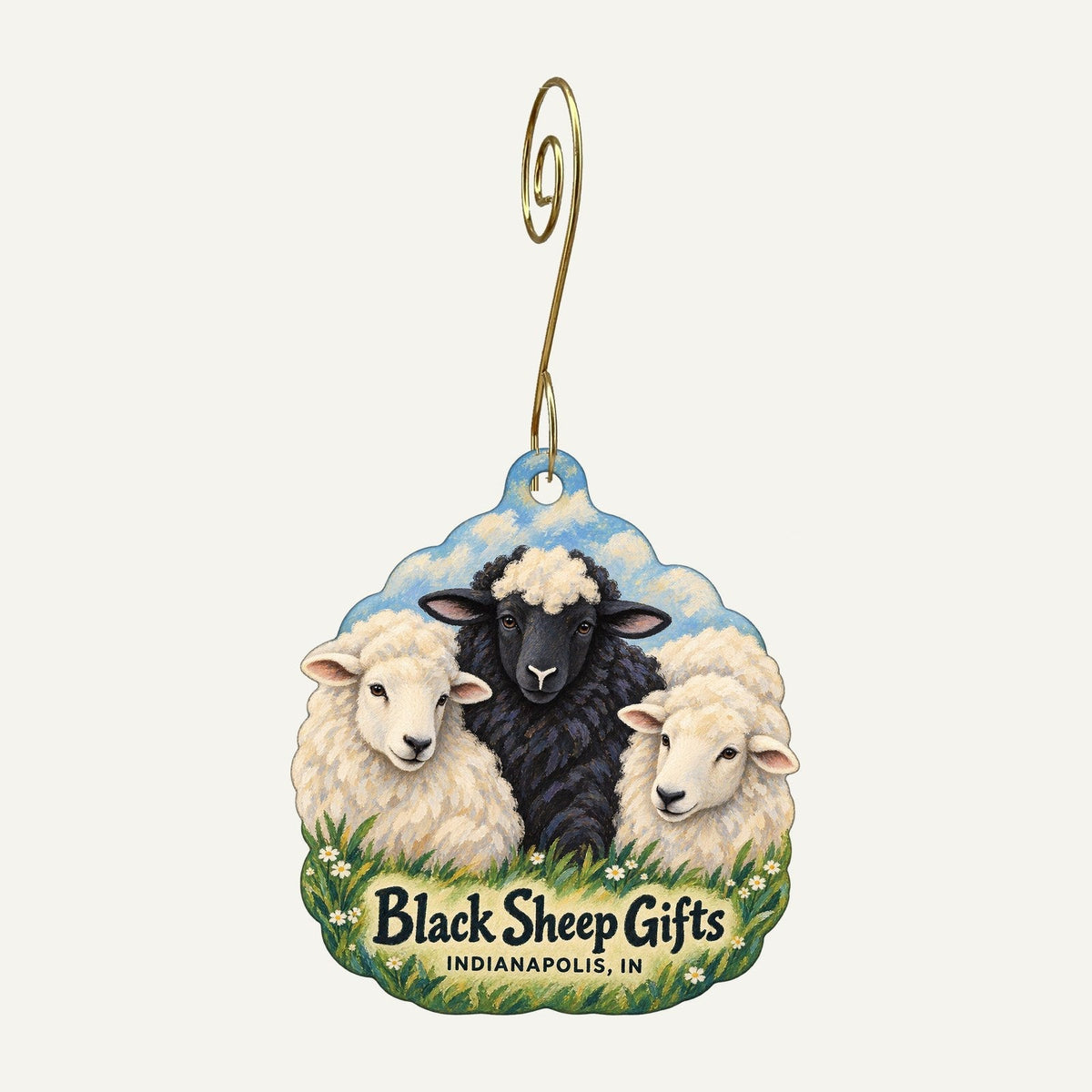 Black Sheep Gifts Logo custom wood ornament OC605 hanging on hook