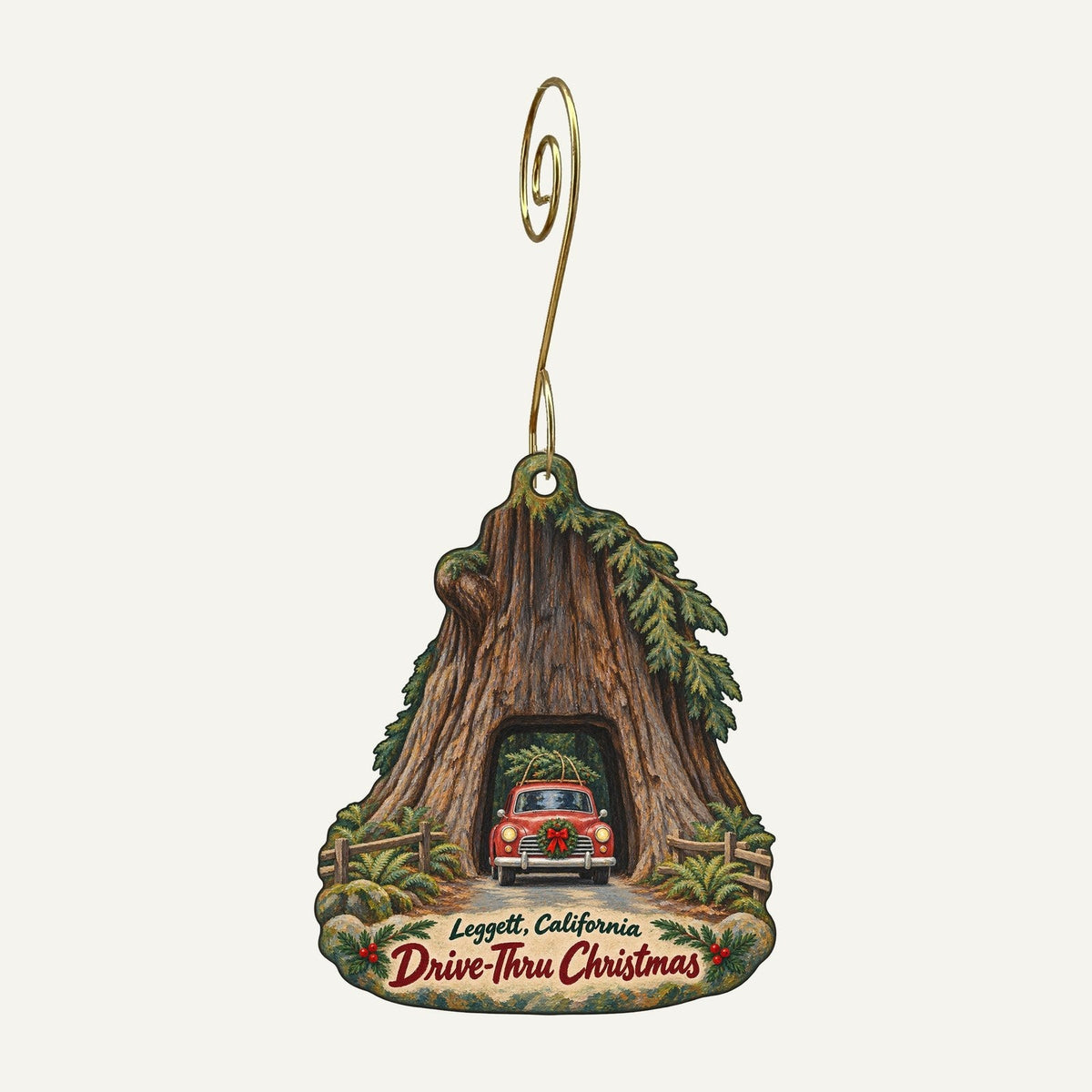 Drive-Thru Tree Park Christmas custom wood ornament OC615 hanging on hook