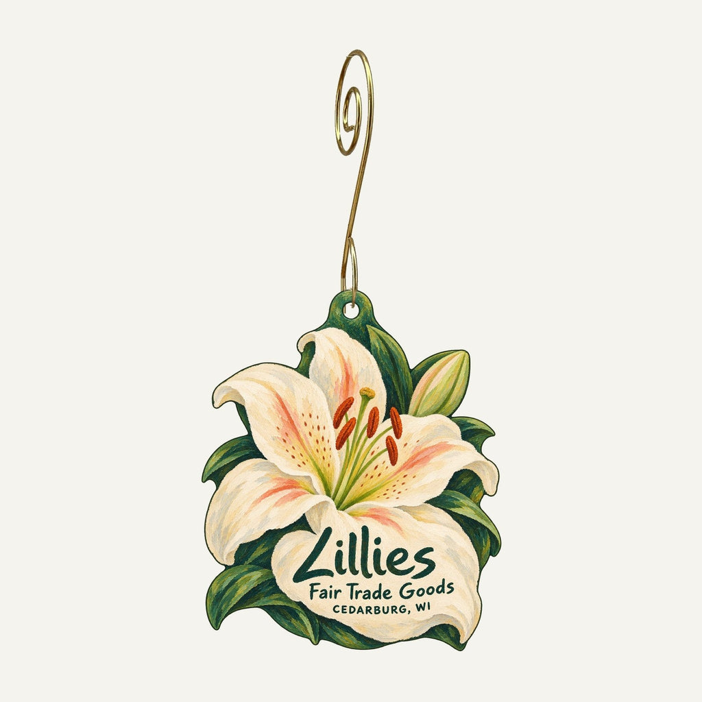 Lillies Logo custom wood ornament OC626 hanging on hook